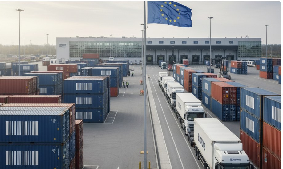 Trucks and containers at an EU customs terminal beneath an EU flag