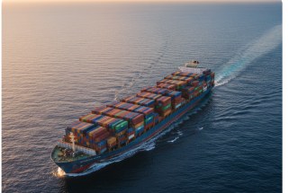 Container ship crossing open sea