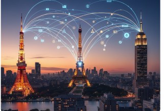 City skyline at dusk with a global trade network overlay