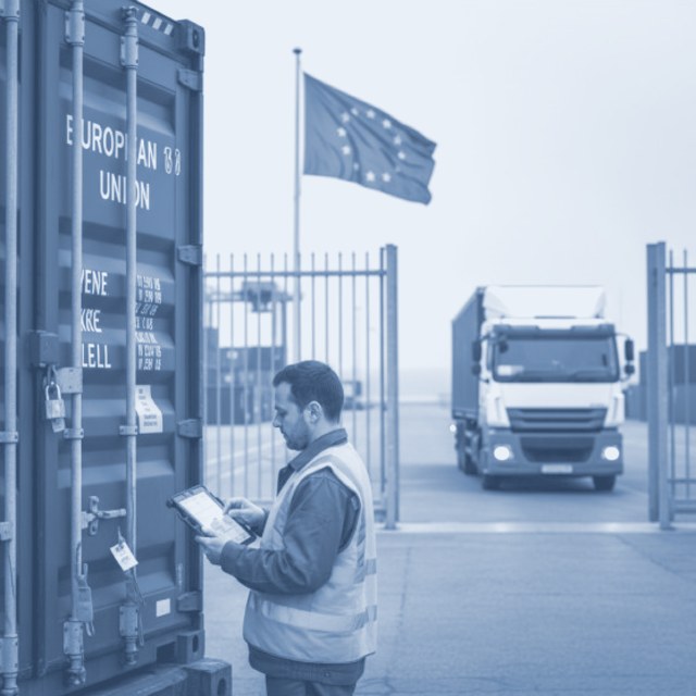 Customs officer scanning a container at an EU port as a truck departs