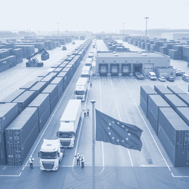 Aerial view of an EU container terminal with trucks and an EU flag